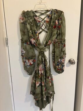 Luxxel Olive Green Floral Backless Wrap Dress
